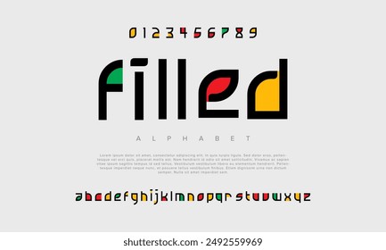 Filled creative modern urban alphabet font. Digital abstract futuristic, game, techno, robot, music, logo, sport, minimal technology typography. Simple numeric vector illustration