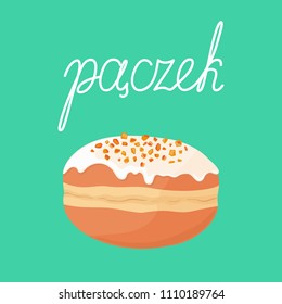 Filled deep fried cute sweet yummy donut (doughnut) with orange zest and icing on top isolated on background. Polish cuisine. Text means "donut" in polish. Vector hand drawn illustration.
