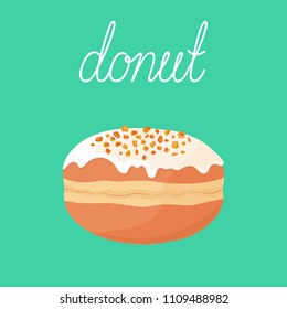 Filled deep fried cute yummy donut (doughnut) with orange zest and icing on top isolated on background. Polish, czech, german, israel cuisine. European cuisine. Vector hand drawn illustration.