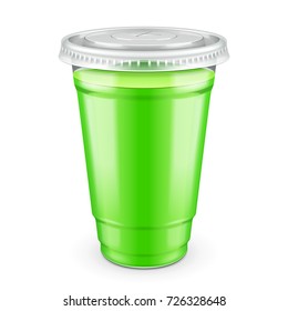 Filled Disposable Plastic Cup With Lid. Cucumber, Watercress, Lime, Mint Celery Fresh Drink. Green Juice. Transparent. Illustration Isolated On White Background Mock Up Template Ready For Your Design.