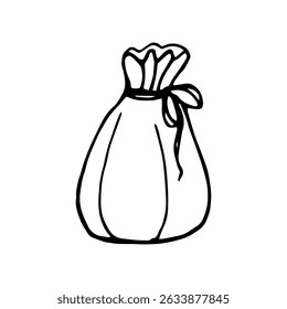 Filled drawstring bag, black and white doodle illustration isolated on white background.