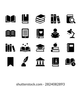 Filled education and library icon set. Black vector glyph icons for UI and web.
