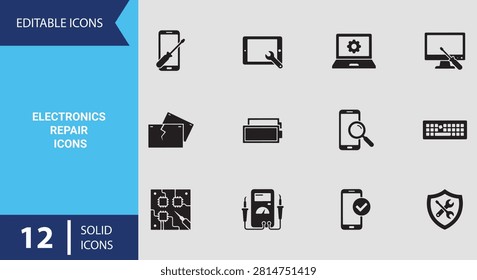 Filled electronics repair solid icon set designed for digital gadget fixing stores hardware component reviews and modern tech workshop applications