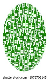 Filled Ellipse mosaic of wine bottles and round bubbles in different sizes and green colors. Vector items are united into filled ellipse collage. Bottle design concept.