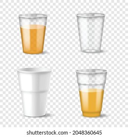 Filled and empty transparent disposable plastic cup set. Realistic container for cold, hot drink templates isolated. 3d beverages glasses with lids. Vector illustration