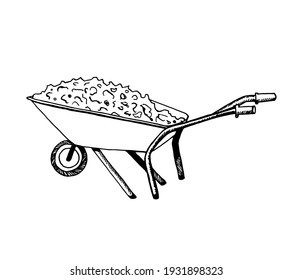 Filled garden cart, contoured construction wheelbarrow icon in doodle style. Vector illustration of a cart sketch for print, web, mobile, and infographics, isolated on a white background.