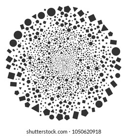 Filled Geometric Shapes centrifugal exploding globula. Object burst created from scattered filled geometric shapes items. Vector illustration style is flat iconic symbols.