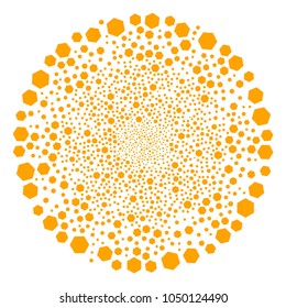 Filled Hexagon centrifugal cluster. Object centrifugal explosion organized from scattered filled hexagon symbols. Vector illustration style is flat iconic symbols.