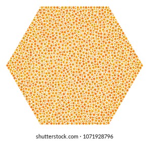 Filled Hexagon collage of dots in various sizes and color tints. Dots are organized into filled hexagon vector mosaic. Dotted vector illustration.