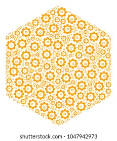 Filled Hexagon collage of mechanical wheels. Vector cog components are composed into filled hexagon illustration.