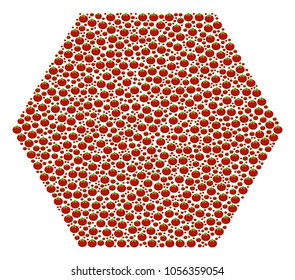 Filled Hexagon collage of tomato vegetables. Vector tomato elements are composed into filled hexagon composition. Nutrition vector design concept.