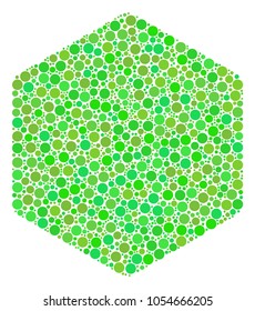 Filled Hexagon composition of filled circles in different sizes and ecological green color tinges. Vector dots are combined into filled hexagon illustration. Eco vector illustration.