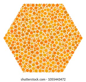 Filled Hexagon composition of filled circles in various sizes and color hues. Circle dots are combined into filled hexagon vector mosaic. Vector illustration.