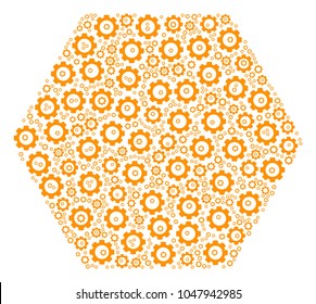 Filled Hexagon composition of tooth gears. Vector gear symbols are composed into filled hexagon shape. - Powered by Shutterstock - Get 15% off with code: PIKWIZARD15