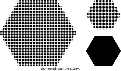 Icono de punto medio de hexágono relleno. El patrón de semitono contiene píxeles redondos. Ilustración vectorial del icono de hexágono relleno sobre un fondo blanco.
