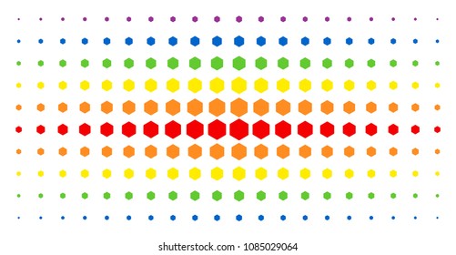Filled hexagon icon spectrum halftone pattern. Vector filled hexagon items are organized into halftone matrix with vertical spectrum gradient. Constructed for backgrounds, covers,