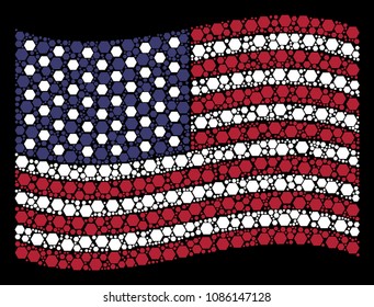 Filled hexagon icons are grouped into waving United States flag stylization on a dark background. Vector concept of USA state flag is formed with filled hexagon items.