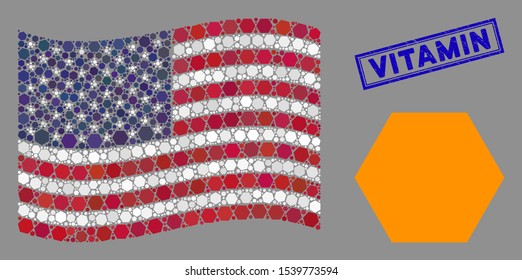 Filled hexagon icons are organized into American flag collage with blue rectangle distressed stamp watermark of Vitamin phrase.