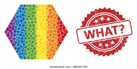 Filled hexagon mosaic icon of filled circle elements in different sizes and LGBT color tints, and What Question grunge rosette seal print. A dotted LGBT-colored Filled hexagon for lesbians, gays,