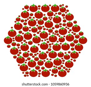 Filled Hexagon mosaic of tomatoes in different sizes. Vector tomatoes items are grouped into filled hexagon mosaic. Vegan vector design concept.