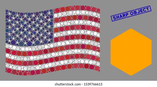 Filled hexagon symbols are grouped into American flag mosaic with blue rectangle rubber stamp seal of Sharp Object caption.