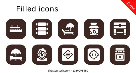 filled icon set. 10 filled filled icons.  Collection Of - Pier, Ribs, Sunbed, Jam, Pillory, Becquer, Spark page, Dohyo