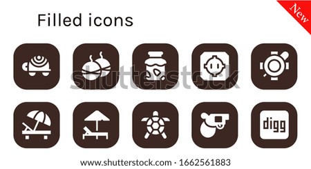 filled icon set. 10 filled filled icons. Included Turtle, Smoke bomb, Jam, Dohyo, Sunbed, Pistol, Digg icons