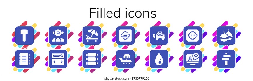 conjunto de iconos rellenos. 14 iconos rellenos.  Iconos modernos sencillos como: Mallet, costillas, mentalista, buscador, lecho de sol, página de chispa, tortuga, líquido, Dohyo, videocall, bomba de humo, cartel