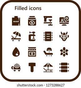  filled icon set. 16 filled filled icons. Simple modern icons about  - Hip flask, Jam, Clamp, Videocall, Sunbed, Ribs, Hannya, Liquify, Turtle, Mallet
