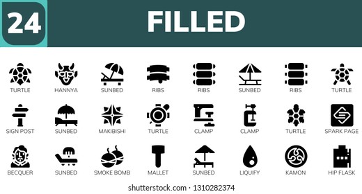 filled icon set. 24 filled filled icons.  Collection Of - Turtle, Hannya, Sunbed, Ribs, Sign Post, Makibishi, Clamp, Spark page, Becquer, Smoke bomb, Mallet, Liquify, Kamon, Hip flask