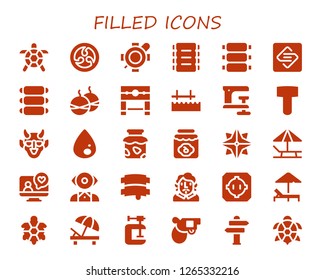  filled icon set. 30 filled filled icons. Simple modern icons about  - Turtle, Kamon, Ribs, Spark page, Smoke bomb, Pillory, Pier, Clamp, Mallet, Hannya, Liquify, Jam, Makibishi
