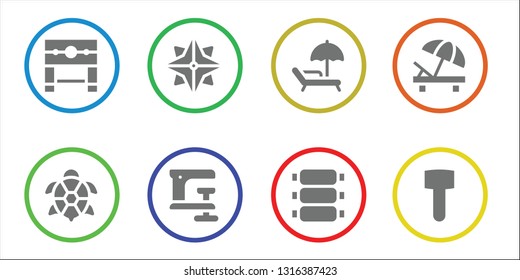 filled icon set. 8 filled filled icons.  Collection Of - Pillory, Turtle, Makibishi, Clamp, Sunbed, Ribs, Mallet