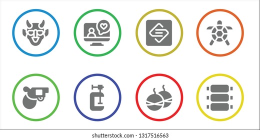 filled icon set. 8 filled filled icons.  Collection Of - Hannya, Pistol, Videocall, Clamp, Spark page, Smoke bomb, Turtle, Ribs