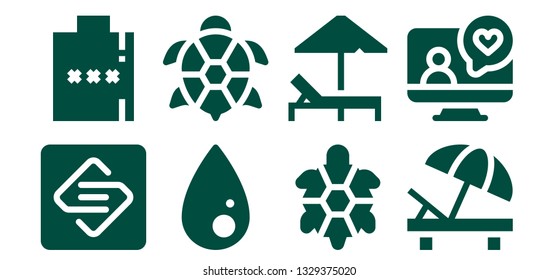 filled icon set. 8 filled filled icons.  Simple modern icons about  - Spark page, Hip flask, Liquify, Turtle, Sunbed, Videocall