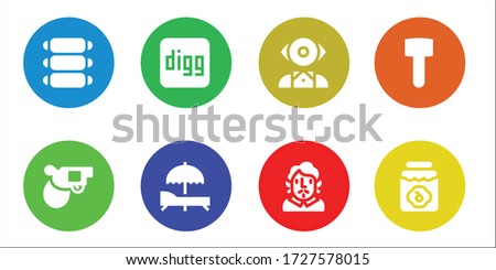 filled icon set. 8 filled filled icons.  Simple modern icons such as: Ribs, Pistol, Digg, Sunbed, Mentalist, Becquer, Mallet, Jam