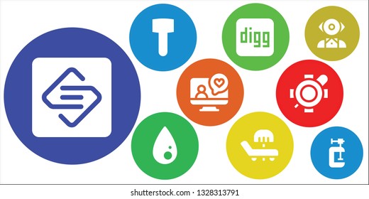 filled icon set. 9 filled filled icons.  Simple modern icons about  - Spark page, Mallet, Digg, Liquify, Sunbed, Videocall, Turtle, Mentalist, Clamp