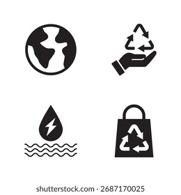 Filled icon set featuring earth, hand, water, and recycling bag symbols.