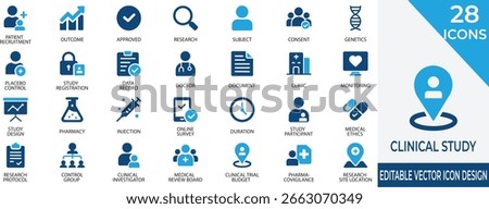 Filled icon set illustrating various stages and elements of clinical research and trials. Perfect for medical presentations, pharma dashboards, and research documentation.