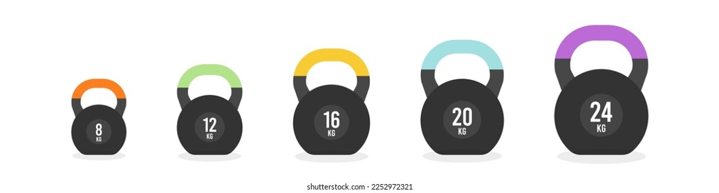Icono relleno conjunto de gemas de agua. Pesas, colores y tamaños diferentes: 8, 12, 16, 20 y 24 kg. Ilustración vectorial, diseño plano