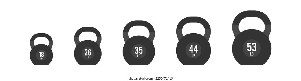 Filled icon set kettlebells. Different weights and sizes: 18, 26, 35, 44 and 53 lb. Vector illustration, flat design