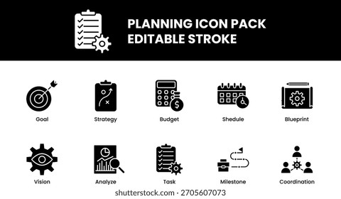A filled icon set for planning including vision, goals, strategy, and project task management.