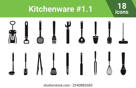 Iconos llenos de herramientas de cocina. Utensilios de cocina de Vector: сorkscrew, abridor, cuchara ranurada, cepillo de pastelería, cuchara de espagueti, cuchillo de queso, cucharón, espátula crema, pinzas, pelador, tenedor, batidor, cuchara de helado