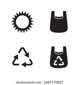 Conjunto de iconos llenos de sol y dos variaciones diferentes de bolsas de plástico.