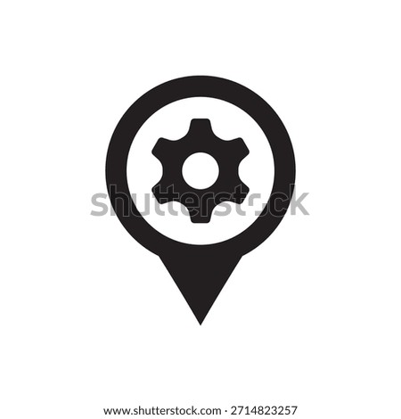 Filled illustration of a gear wheel at a map pin pointer location.