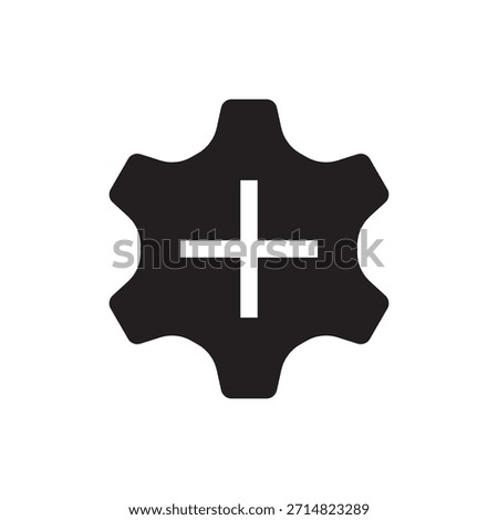 Filled illustration of a gear wheel with a plus sign for adding.