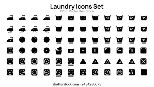 Filled laundry icons set vector illustration design. Collection of washing symbols, bleaching, ironing, drying.