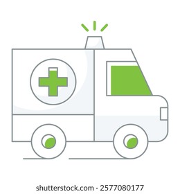 Filled line ambulance vehicle with cross, ideal for emergency apps, hospital transport maps, and first responder platforms.