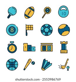 Filled Line Art Icon Set of Sport Equipment Football Volley Ball Tennis Badminton