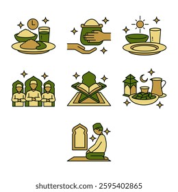 Filled line art icons in olive green and gold, depicting Ramadan worship, including suhoor, zakat, fasting, prayer, Quran reading, iftar, and i'tikaf. Ideal for promotions, web, and print media.