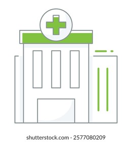 A filled line clinic building with a medical cross, crafted for healthcare directories, medical apps, and facility location services.